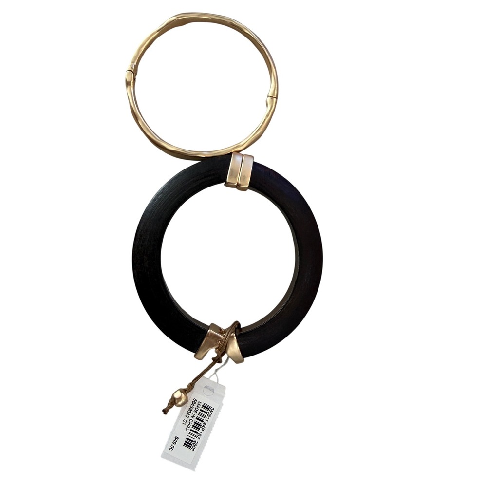 J. Jill Bangle Bracelet Set Womens OS Black Gold Wood Metal Hinged NWT